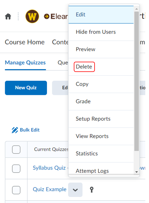 Delete a Quiz in Elearning